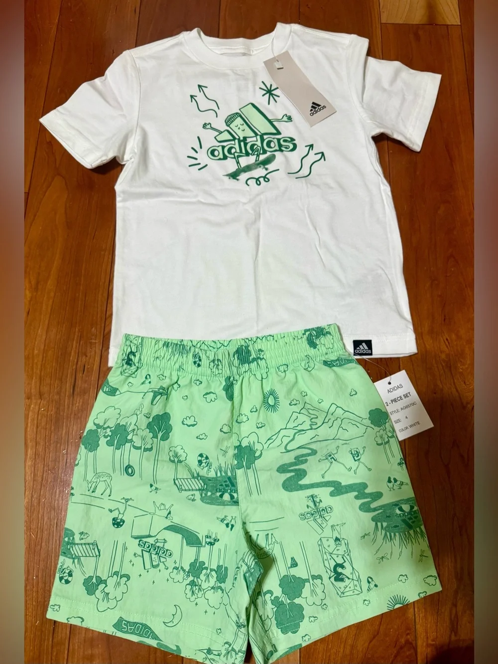 NWT Adidas White Tee with Mint Green Nature Print Shorts Set